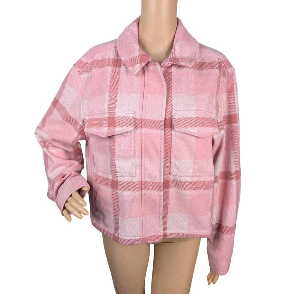 Old Navy Pink Plaid Relaxed Shirt Jacket Full Zip Cropped Utility Shacket M - Picture 5 of 12
